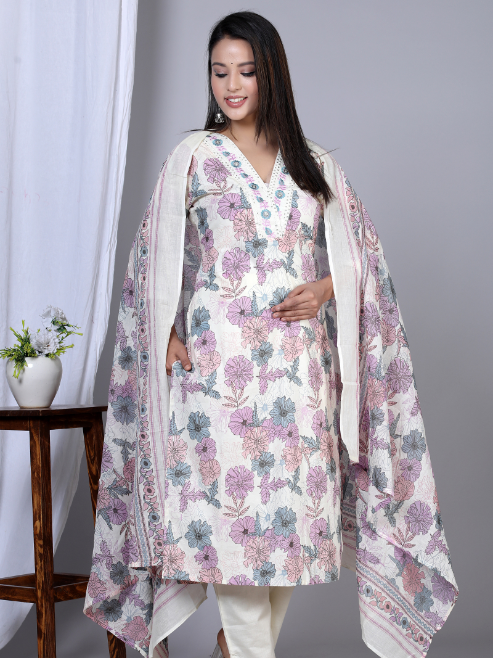 yash gallery womens floral printed embroidered kurta with pant dupatta set pink