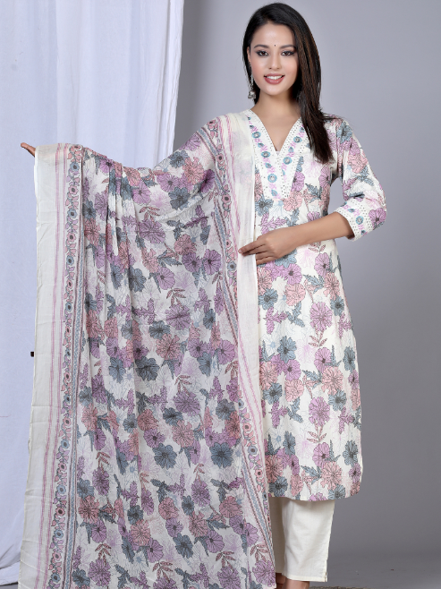 yash gallery womens floral printed embroidered kurta with pant dupatta set pink