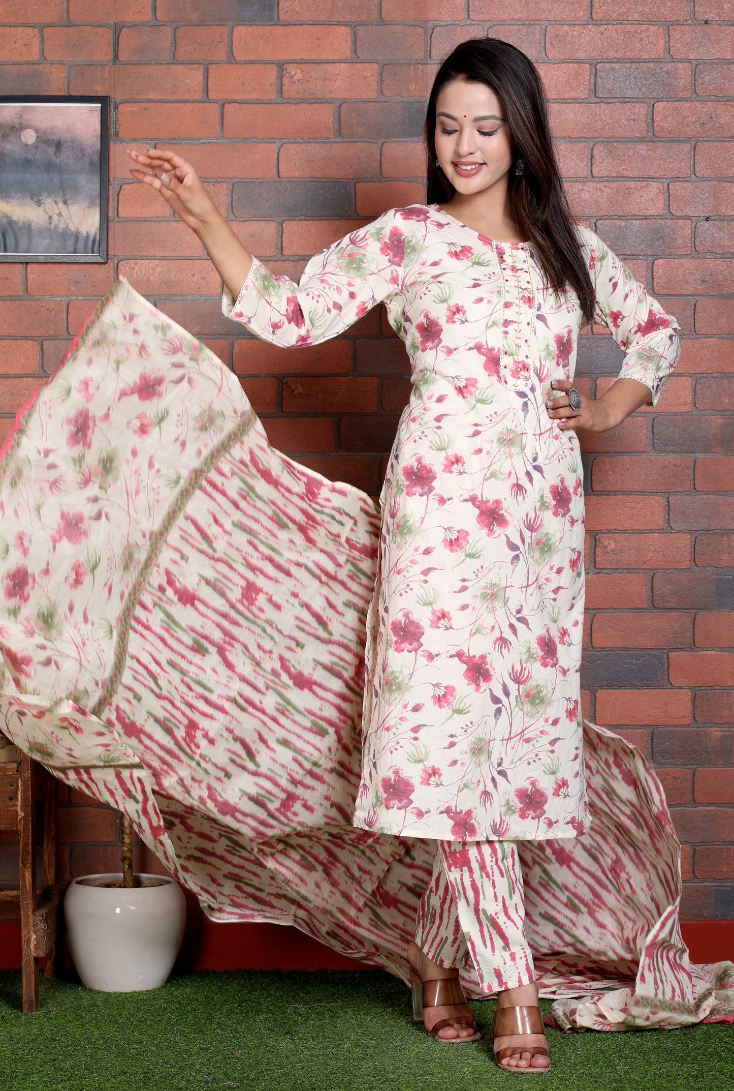 Yash Gallery Women's Floral Printed Embroidered Kurta with Pant & Dupatta Set