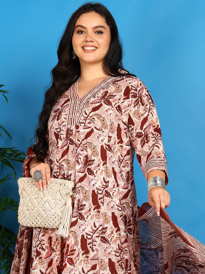 Yash Gallery Women’s Pure Cotton A-line Floral Print Kurta with Striped Pant & Dupatta V-Neck, 3/4 Sleeves