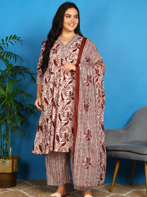 Yash Gallery Women’s Pure Cotton A-line Floral Print Kurta with Striped Pant & Dupatta V-Neck, 3/4 Sleeves
