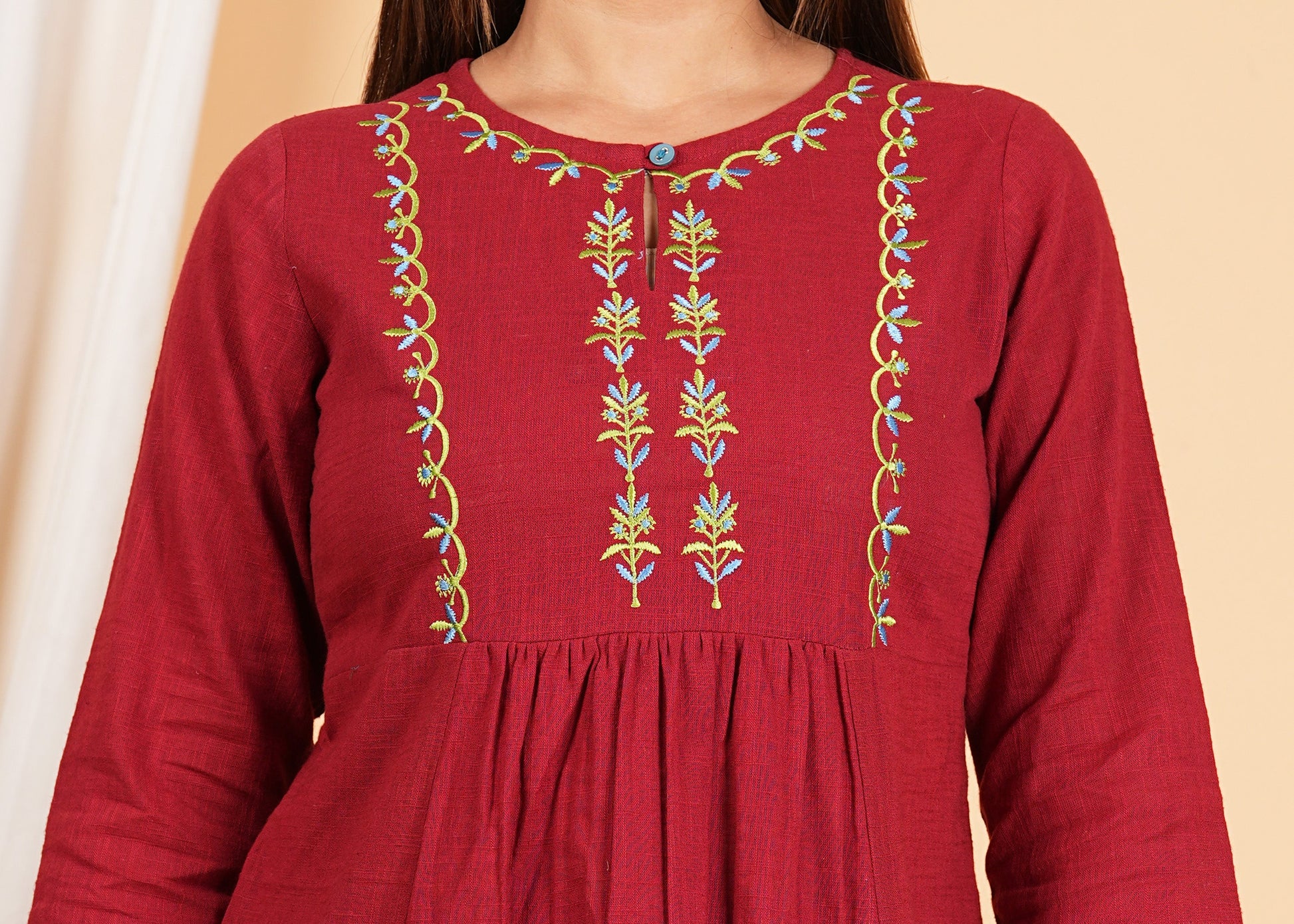 yash gallery womens cotton mid thigh length embroidered 3 4th sleeve keyhole neck regular fitted short kurti