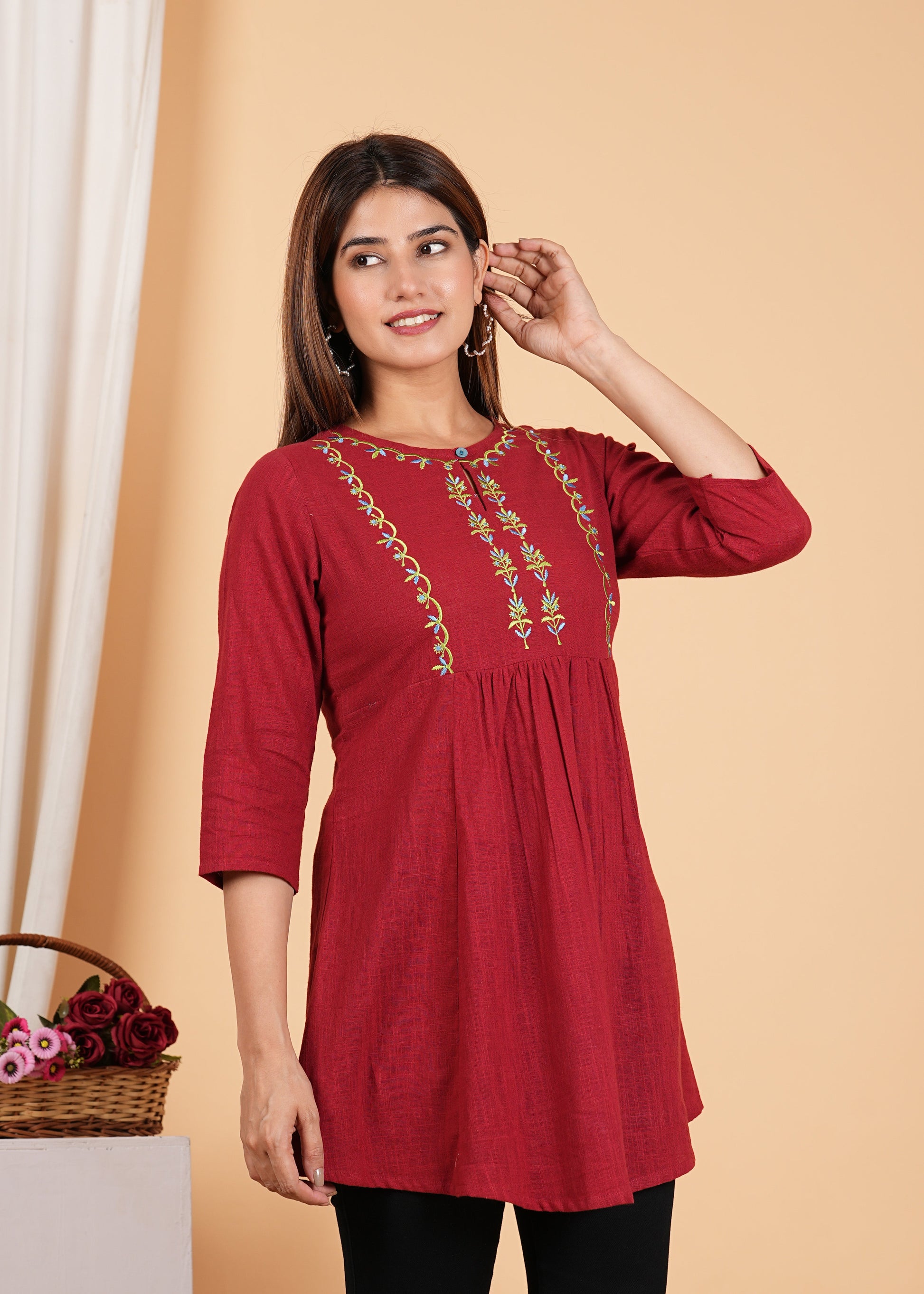 yash gallery womens cotton mid thigh length embroidered 3 4th sleeve keyhole neck regular fitted short kurti