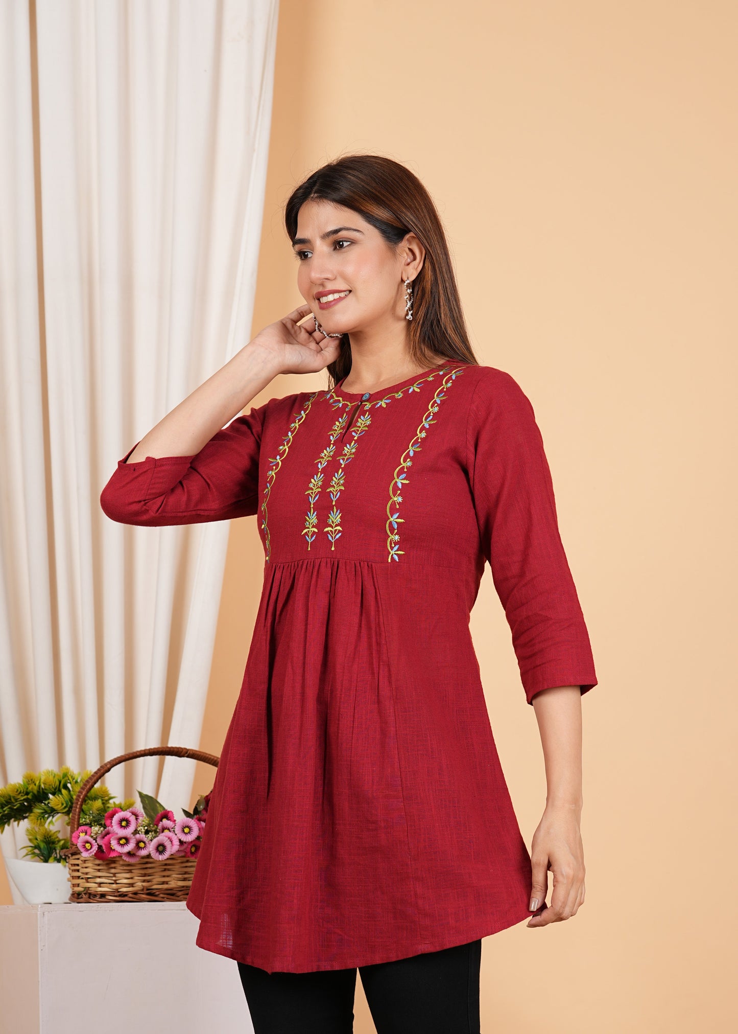 yash gallery womens cotton mid thigh length embroidered 3 4th sleeve keyhole neck regular fitted short kurti