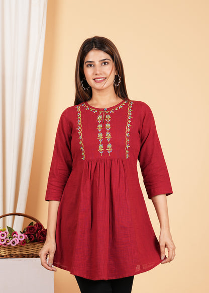 yash gallery womens cotton mid thigh length embroidered 3 4th sleeve keyhole neck regular fitted short kurti