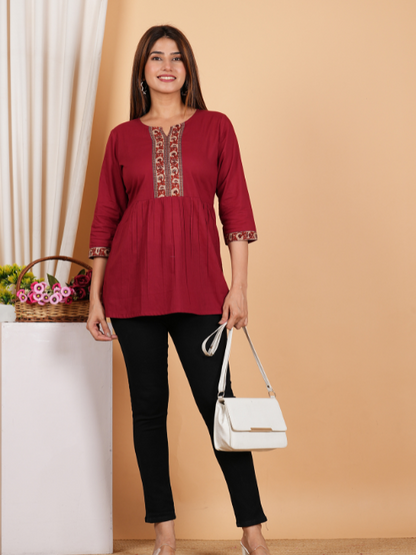 Yash Gallery Women's Cotton Waist Lengtth 3/4th Sleeves Knotch neck Regular Fitted Top