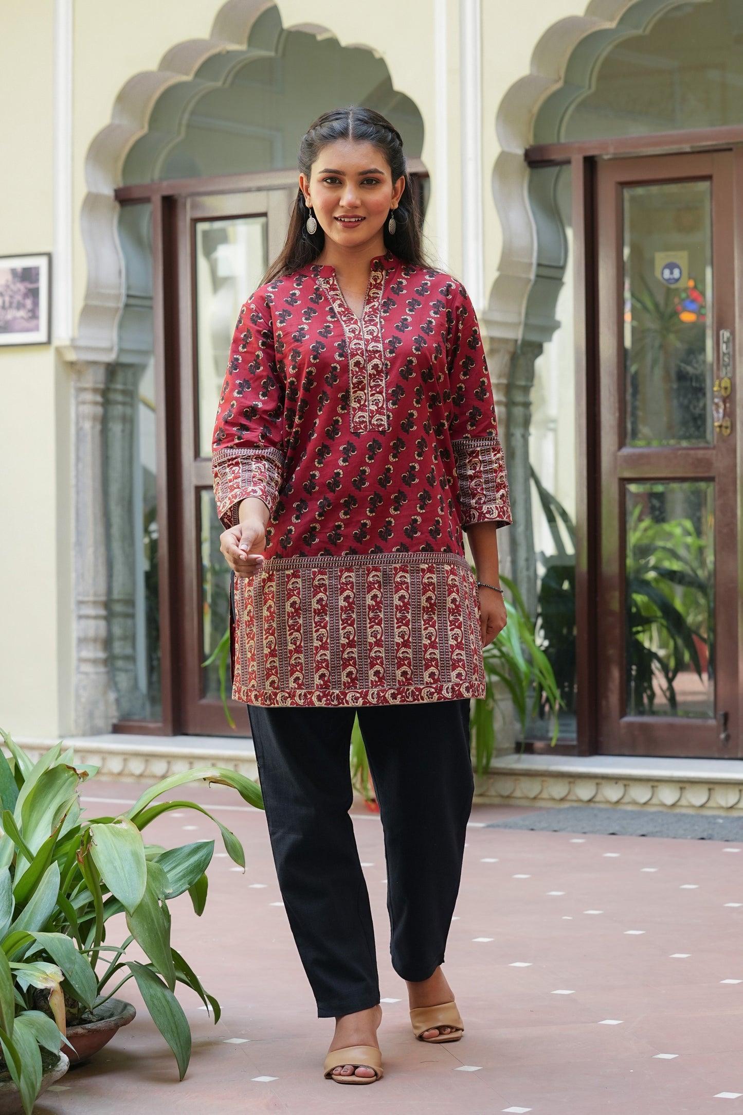 Yash Gallery Women's  Maroon Cotton  Floral Printed Mid Thigh Length  3/4th Sleeve  Mandarin Collar Regular Fitted Short Kurti
