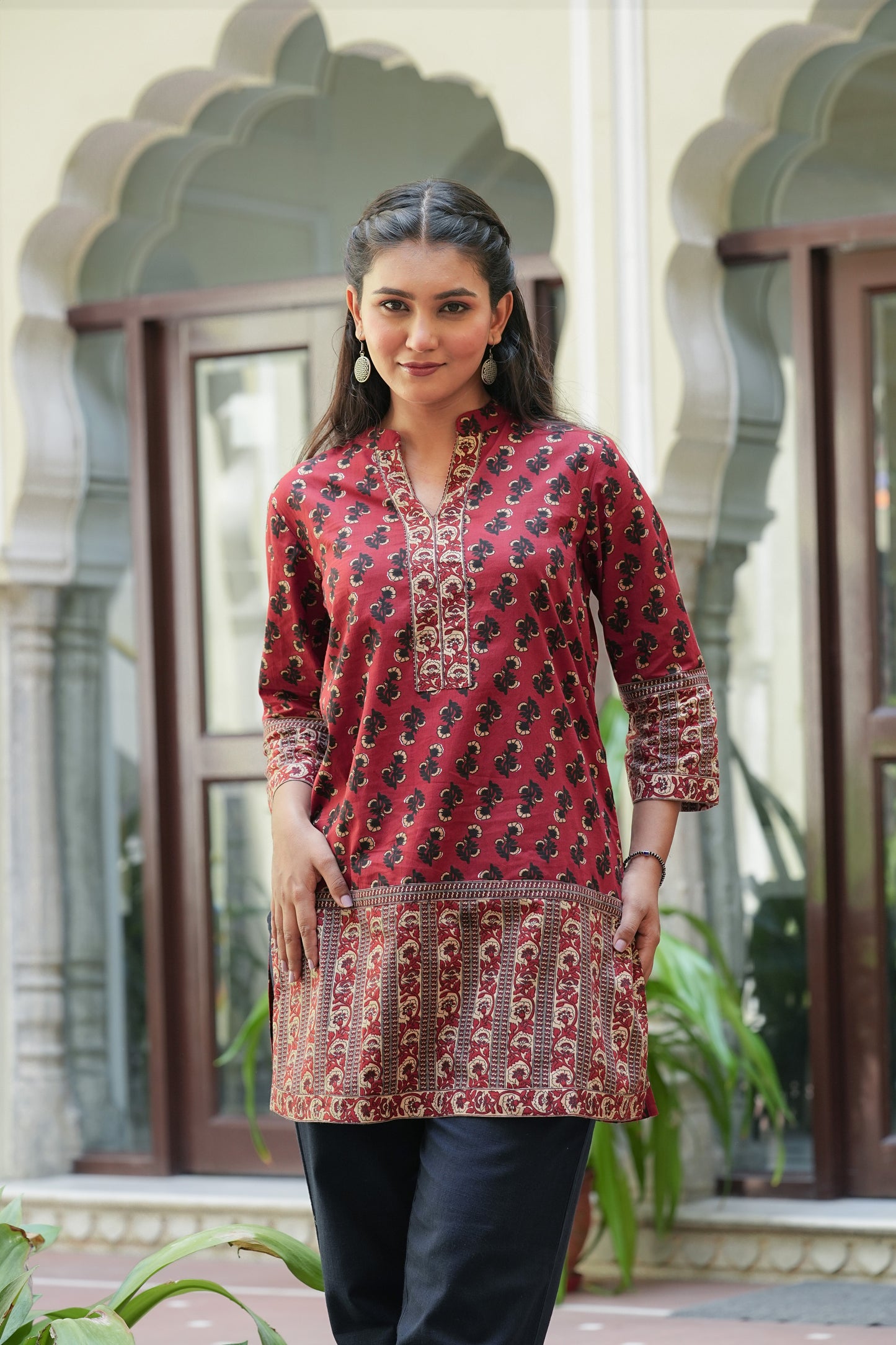 Yash Gallery Women's  Maroon Cotton  Floral Printed Mid Thigh Length  3/4th Sleeve  Mandarin Collar Regular Fitted Short Kurti