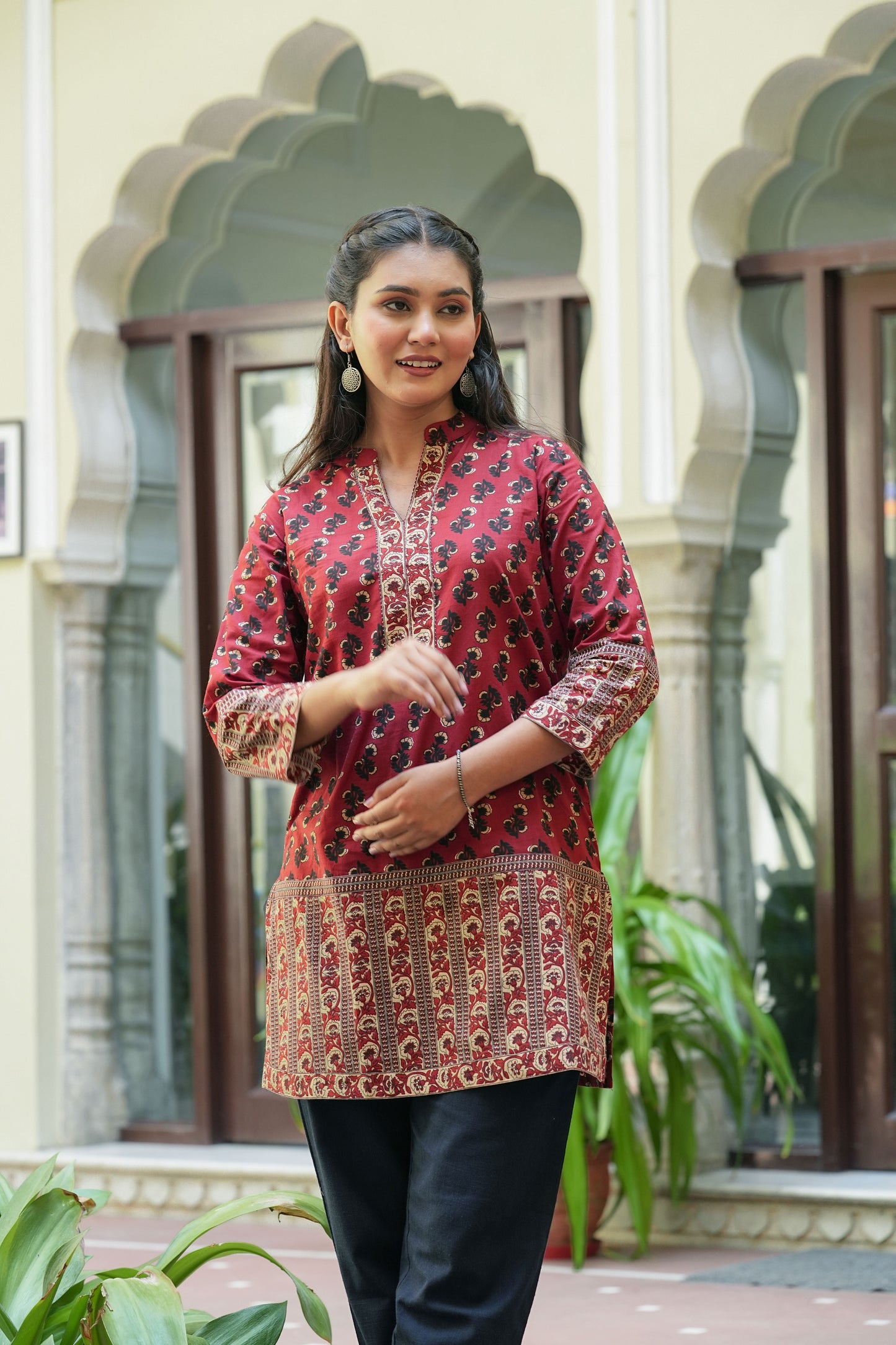 Yash Gallery Women's Maroon Cotton Floral Printed Mid Thigh Length 3/4th Sleeve Mandarin Collar Regular Fitted Short Kurti