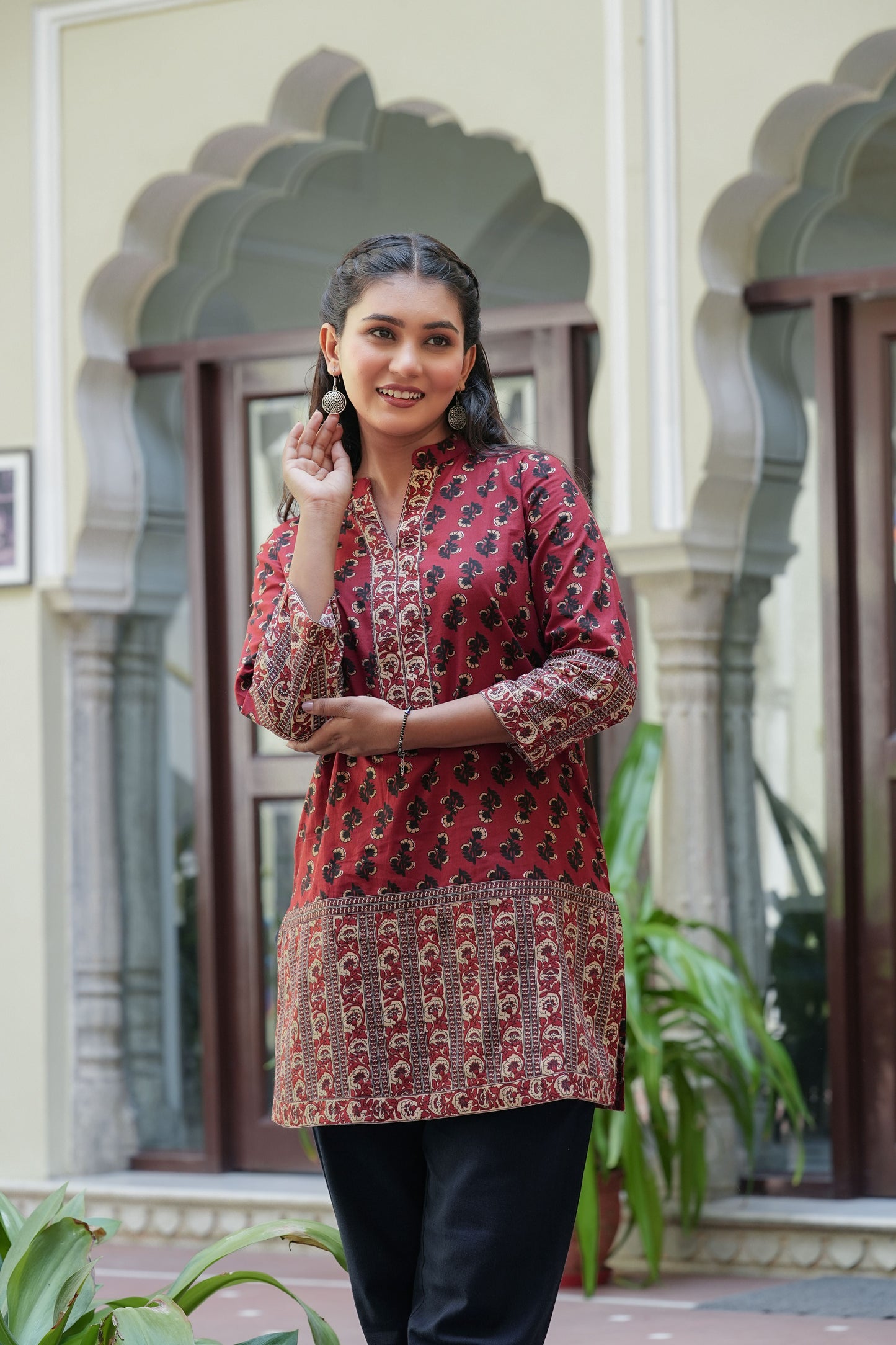 Yash Gallery Women's Maroon Cotton Floral Printed Mid Thigh Length 3/4th Sleeve Mandarin Collar Regular Fitted Short Kurti