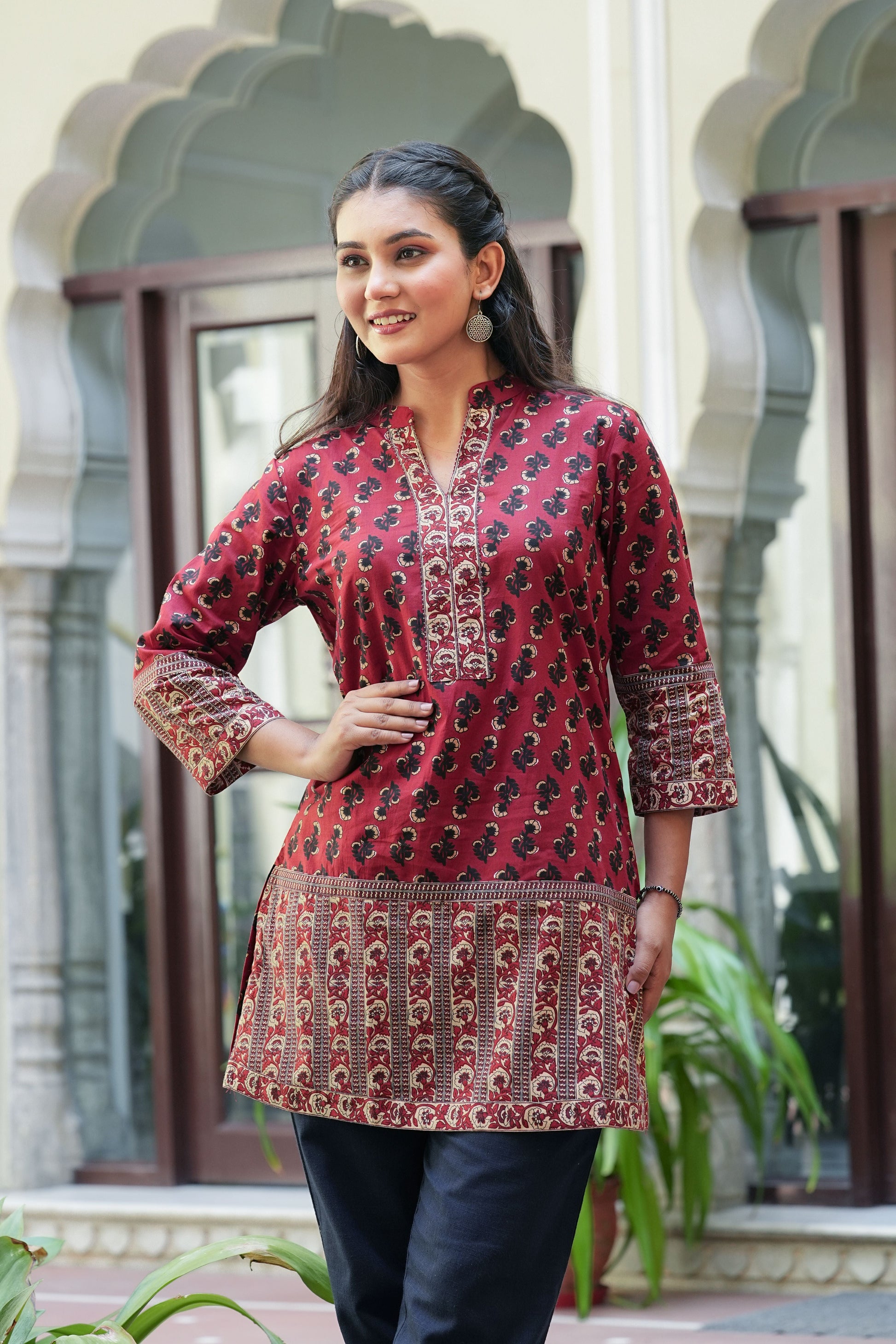 Yash Gallery Women's Maroon Cotton Floral Printed Mid Thigh Length 3/4th Sleeve Mandarin Collar Regular Fitted Short Kurti
