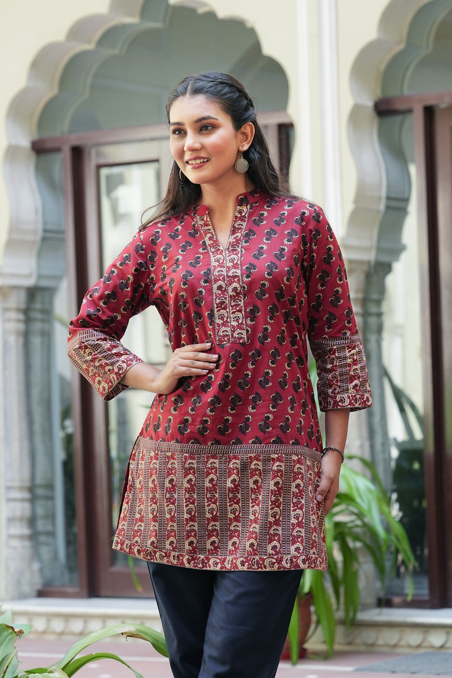 Yash Gallery Women's  Maroon Cotton  Floral Printed Mid Thigh Length  3/4th Sleeve  Mandarin Collar Regular Fitted Short Kurti