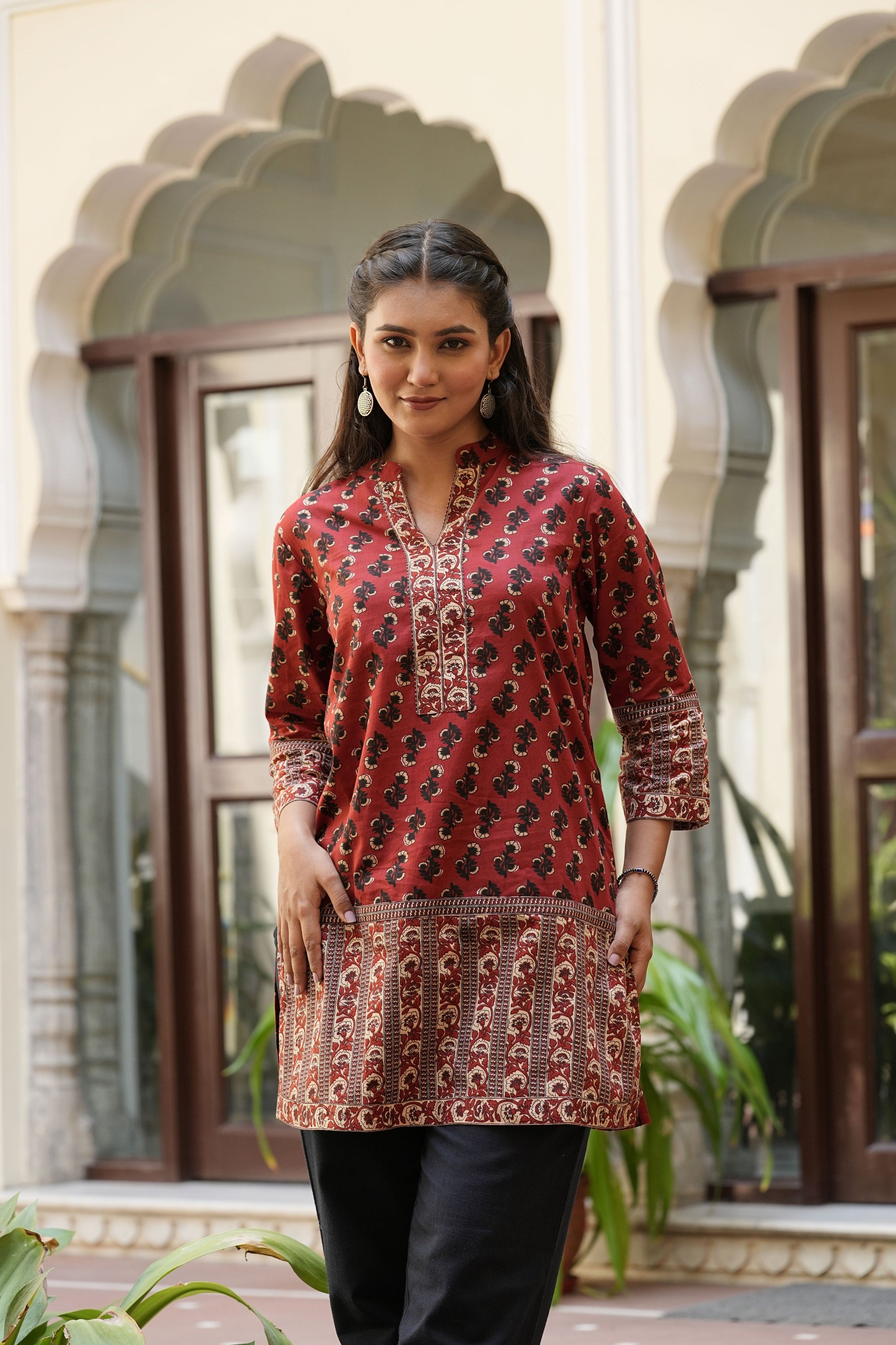 Yash Gallery Women's Maroon Cotton Floral Printed Mid Thigh Length 3/4th Sleeve Mandarin Collar Regular Fitted Short Kurti