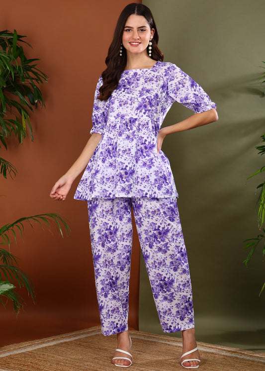 yash gallery womens lavender cambric cotton floral print square neck peplum puff sleeve co ord set peplum and pant