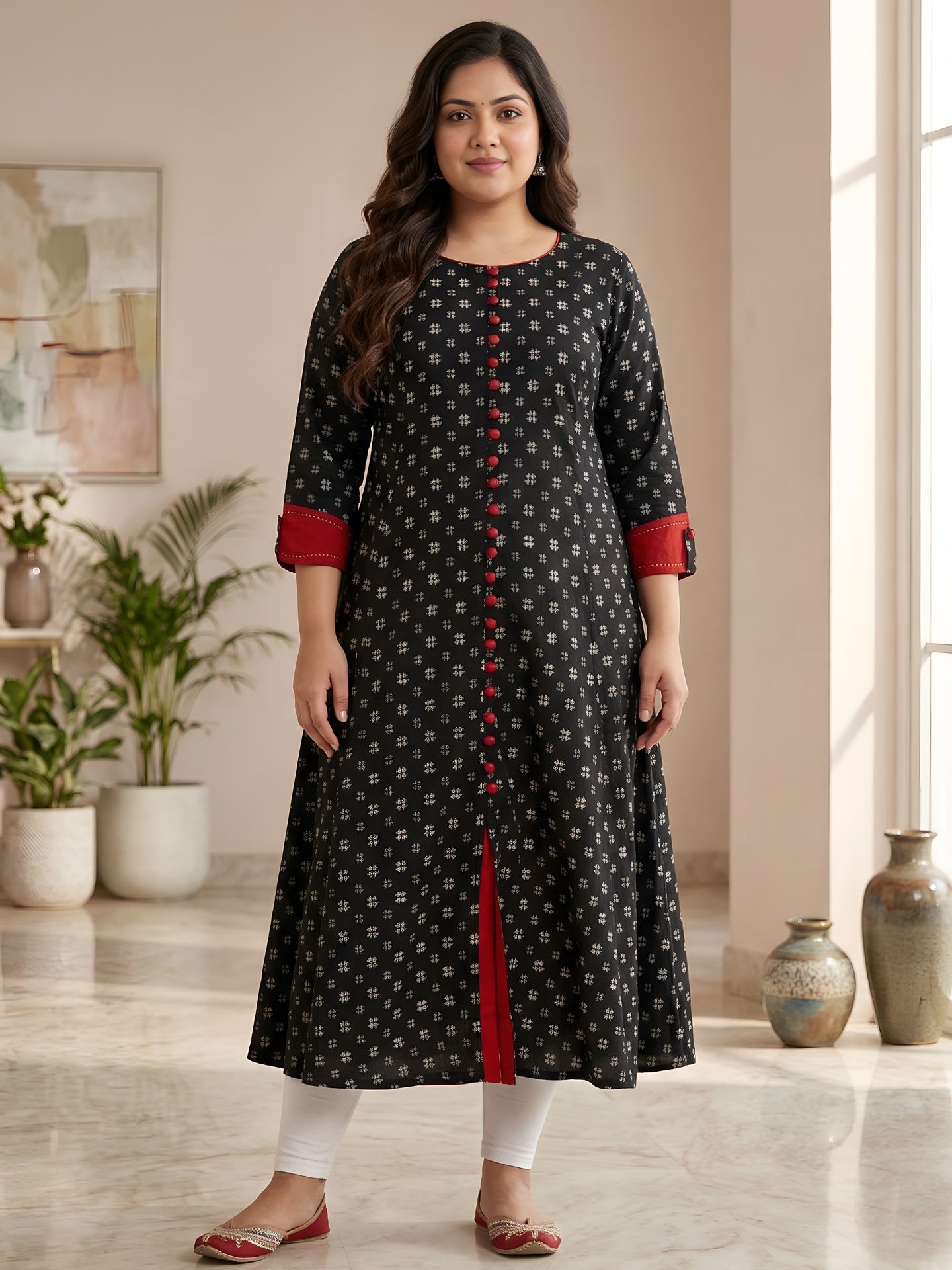 YASH GALLERY Women's Cotton Printed Anarkali Kurta Plus Size (Black)