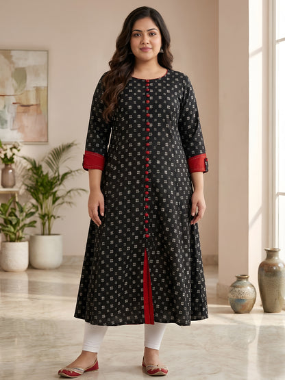 YASH GALLERY Women's Cotton Printed Anarkali Kurta Plus Size (Black)