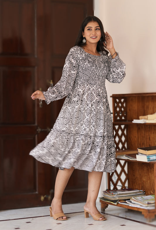 Yash Gallery Women’s Polyester Printed Dress Square Neck, Long Sleeve, A-Line Knee-Length Dress
