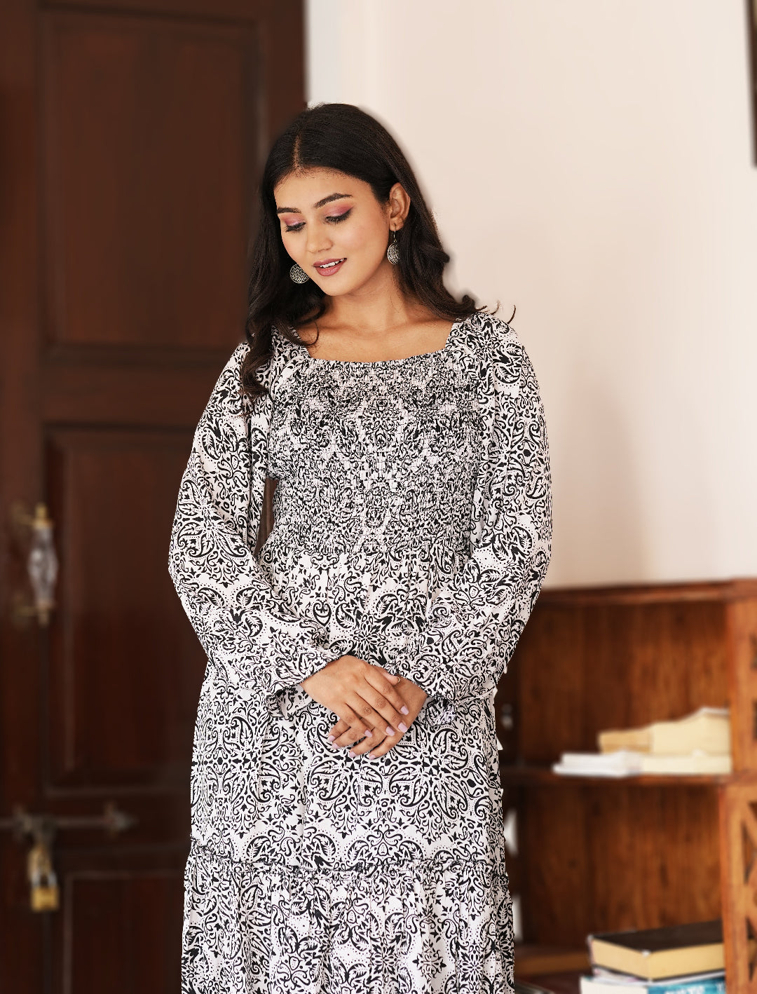 Yash Gallery Women’s Polyester Printed Dress Square Neck, Long Sleeve, A-Line Knee-Length Dress