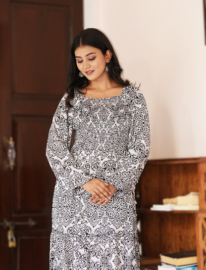 Yash Gallery Women’s Polyester Printed Dress Square Neck, Long Sleeve, A-Line Knee-Length Dress