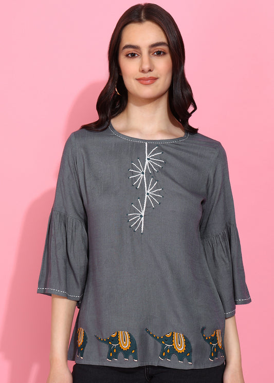Yash Gallery Women's Rayon Round Neck Bell Sleeves Patch Work Regular Fit Top For Women