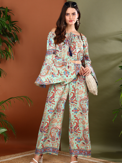 Yash Gallery Women’s Mint Green Printed Co-Ord Set | Off-Shoulder Crop Top & Wide-Leg Pants | Polyester Fabric | Casual & Party Wear