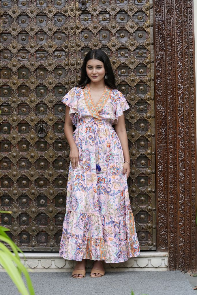 Yash Gallery Women's Polyester Bat Sleeve Maxi Dress V-neck Tassel Summer Boho Dress