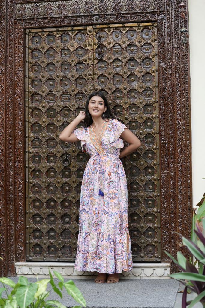 Yash Gallery Women's Polyester Bat Sleeve Maxi Dress V-neck Tassel Summer Boho Dress