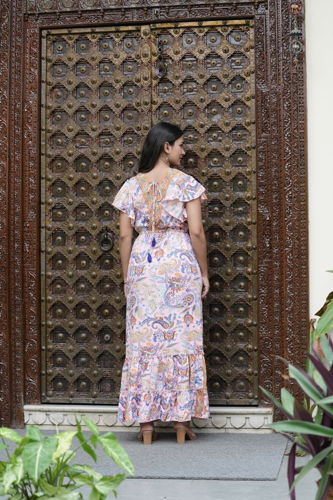 Yash Gallery Women's Polyester Bat Sleeve Maxi Dress V-neck Tassel Summer Boho Dress