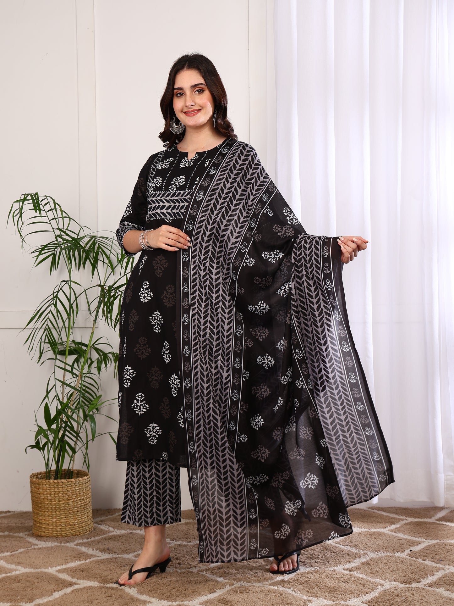 Yash Gallery Women's Cotton Floral Print Calf Length Notch Neck With Gota Detailing 3/4TH Sleeve Straight Kurta With Pant And Duptta (Black)