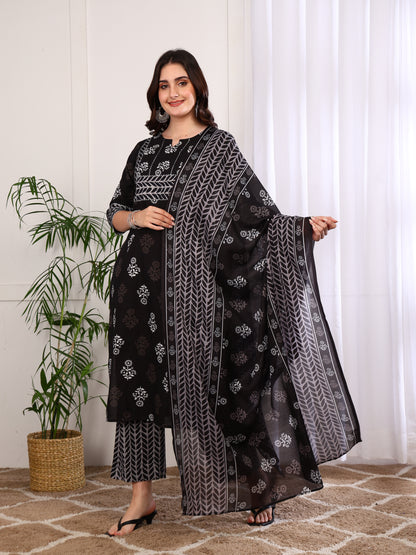 Yash Gallery Women's Cotton Floral Print Calf Length Notch Neck With Gota Detailing 3/4TH Sleeve Straight Kurta With Pant And Duptta (Black)