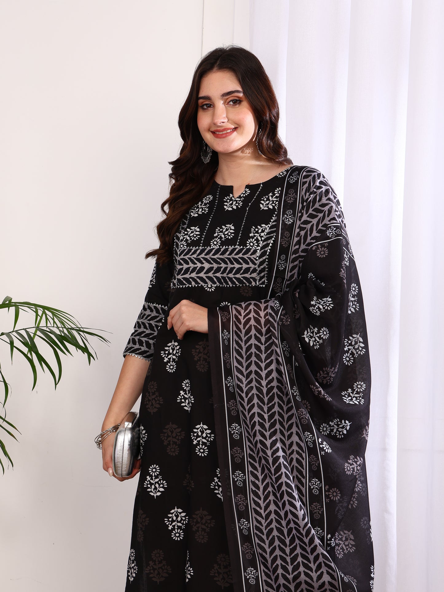 Yash Gallery Women's Cotton Floral Print Calf Length Notch Neck With Gota Detailing 3/4TH Sleeve Straight Kurta With Pant And Duptta (Black)