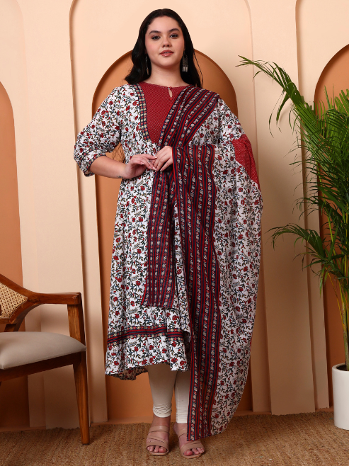 Yash Gallery Women’s Cambric Cotton Floral Print Anarkali Kurta with Dupatta Set (White)