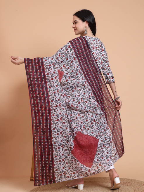 Yash Gallery Women’s Cambric Cotton Floral Print Anarkali Kurta with Dupatta Set (White)