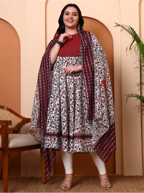 Yash Gallery Women’s Cambric Cotton Floral Print Anarkali Kurta with Dupatta Set (White)