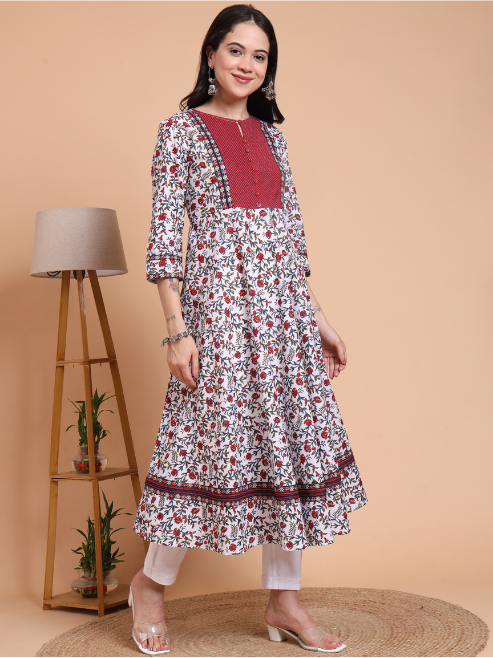 yash gallery women s cambric cotton floral print anarkali kurta with dupatta set white