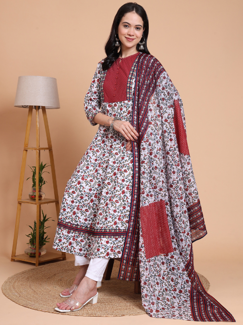 Yash Gallery Women’s Cambric Cotton Floral Print Anarkali Kurta with Dupatta Set (White)