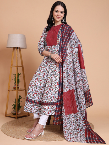Yash Gallery Women’s Cambric Cotton Floral Print Anarkali Kurta with Dupatta Set (White)