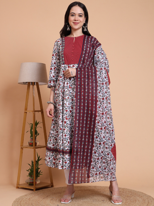 Yash Gallery Women’s Cambric Cotton Floral Print Anarkali Kurta with Dupatta Set (White)