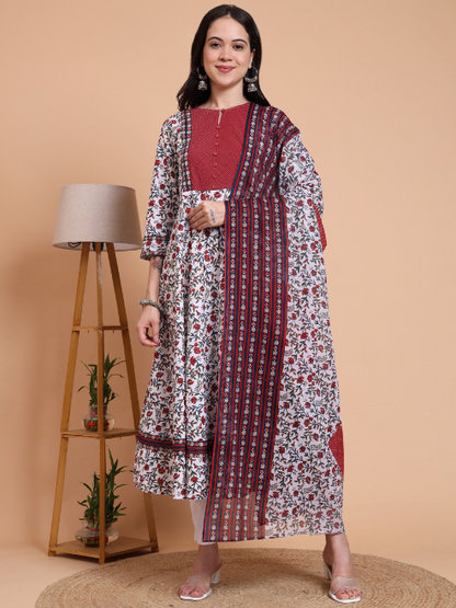 Yash Gallery Women’s Cambric Cotton Floral Print Anarkali Kurta with Dupatta Set (White)