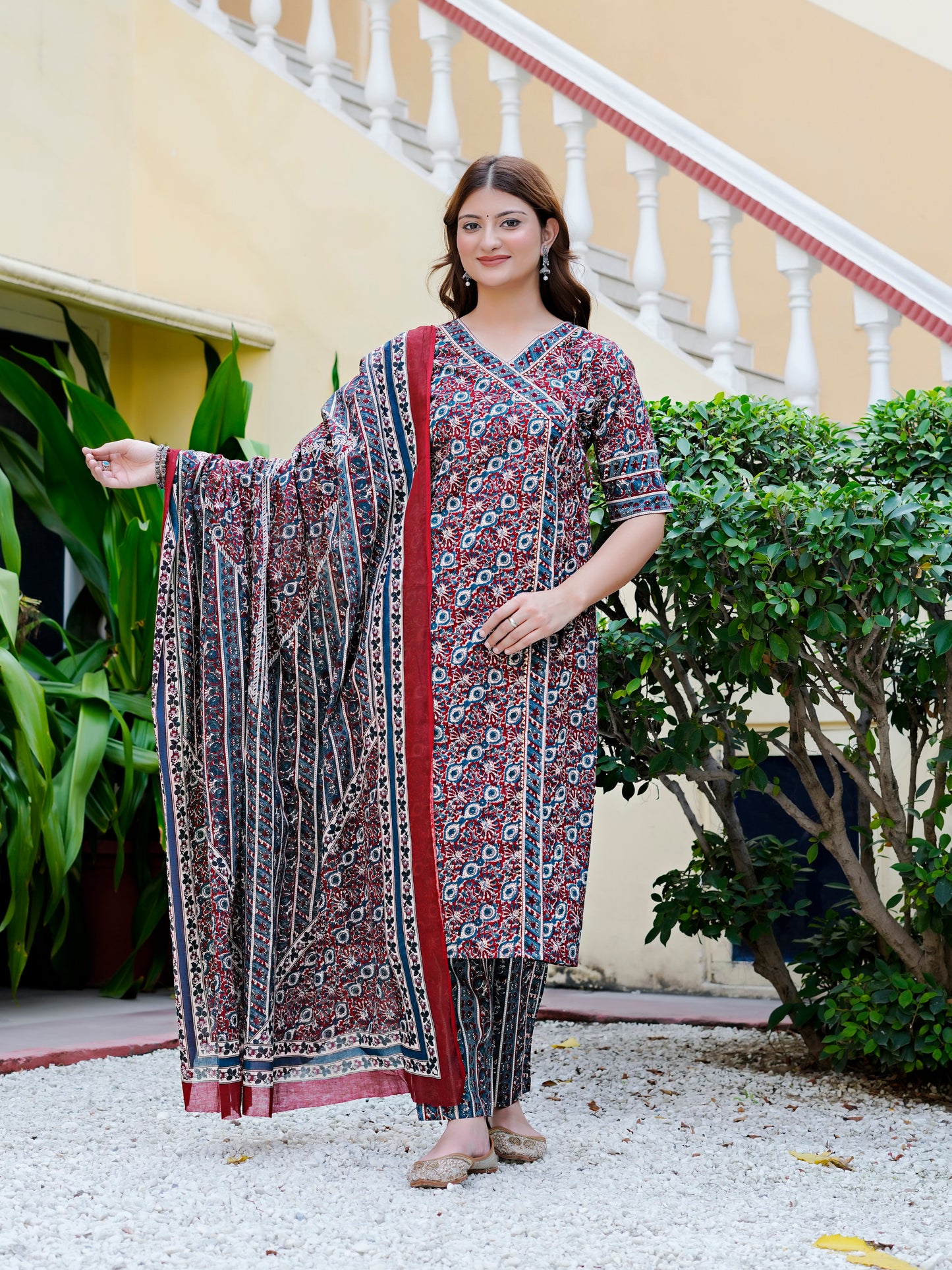 YASH GALLERY Women Cambric Cotton Floral Print Angrakha Style Kurta Pant Dupatta Set with Gotta Patti Work