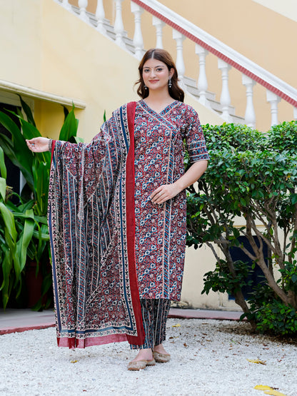 YASH GALLERY Women Cambric Cotton Floral Print Angrakha Style Kurta Pant Dupatta Set with Gotta Patti Work