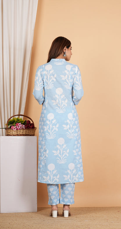Yash Gallery Women's Cotton Calf Length V-Neck 3/4th Sleeves Botanical Print Regular Fitted Mirror Work Anarkali Kurta With Pant & Dupatta (Blue)