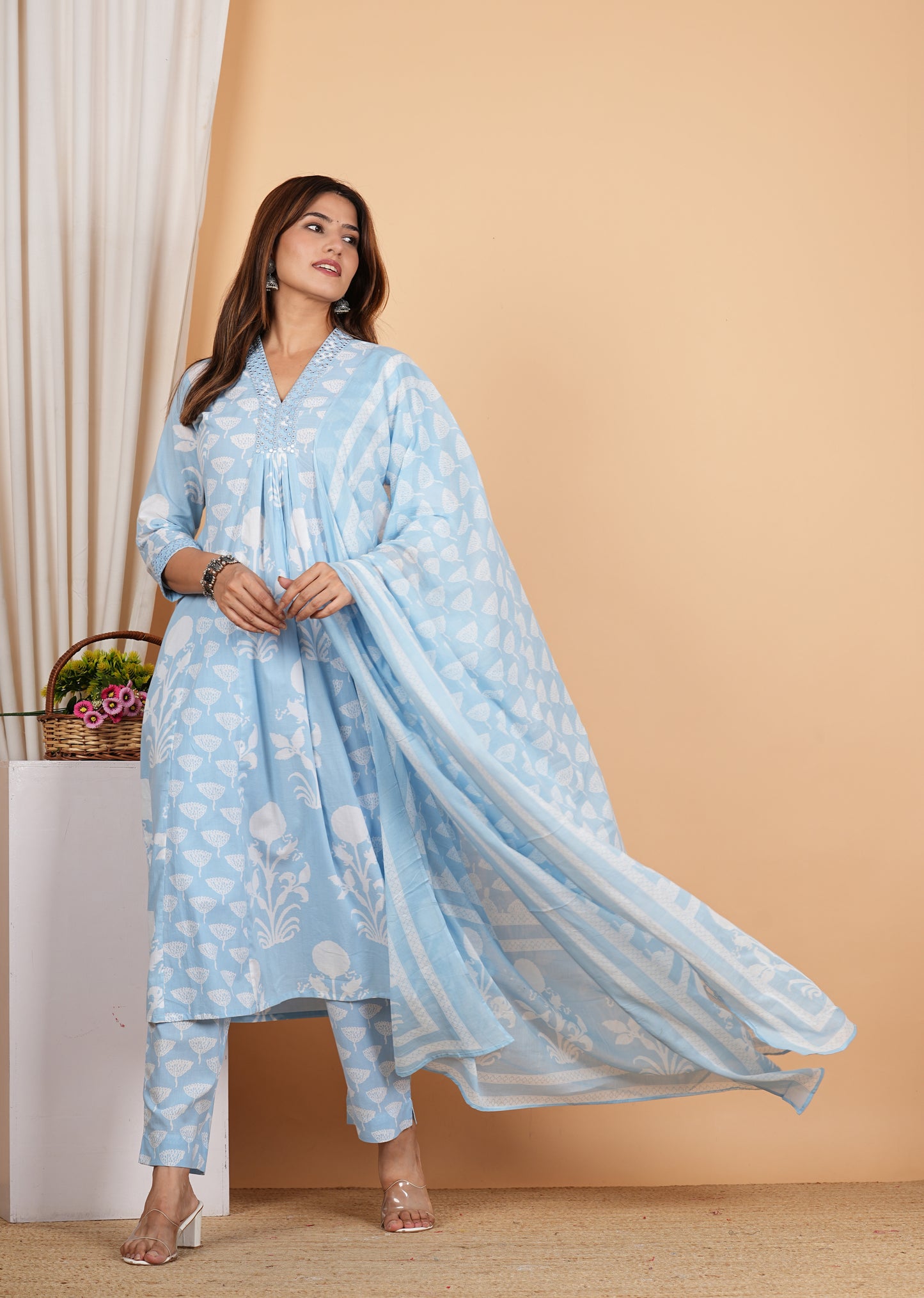 Yash Gallery Women's Cotton Calf Length V-Neck 3/4th Sleeves Botanical Print Regular Fitted Mirror Work Anarkali Kurta With Pant & Dupatta (Blue)
