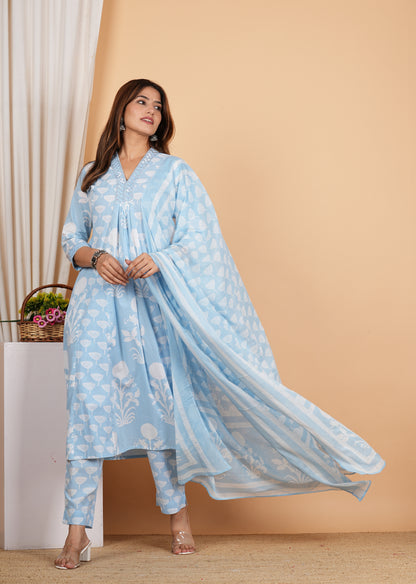 Yash Gallery Women's Cotton Calf Length V-Neck 3/4th Sleeves Botanical Print Regular Fitted Mirror Work Anarkali Kurta With Pant & Dupatta (Blue)