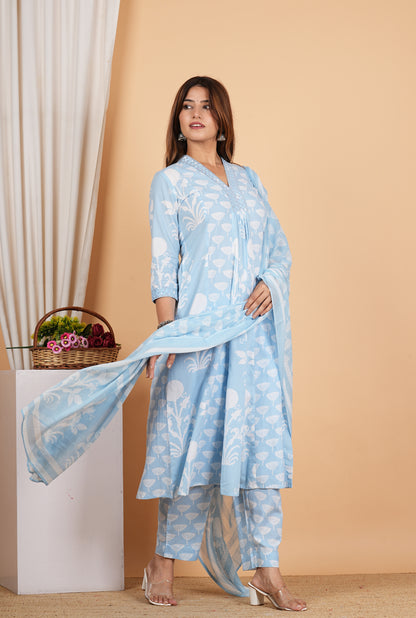 Yash Gallery Women's Cotton Calf Length V-Neck 3/4th Sleeves Botanical Print Regular Fitted Mirror Work Anarkali Kurta With Pant & Dupatta (Blue)