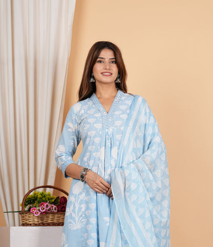 Yash Gallery Women's Cotton Calf Length V-Neck 3/4th Sleeves Botanical Print Regular Fitted Mirror Work Anarkali Kurta With Pant & Dupatta (Blue)
