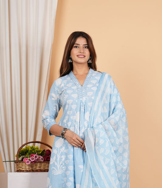 Yash Gallery Women's Cotton Calf Length V-Neck 3/4th Sleeves Botanical Print Regular Fitted Mirror Work Anarkali Kurta With Pant & Dupatta (Blue)