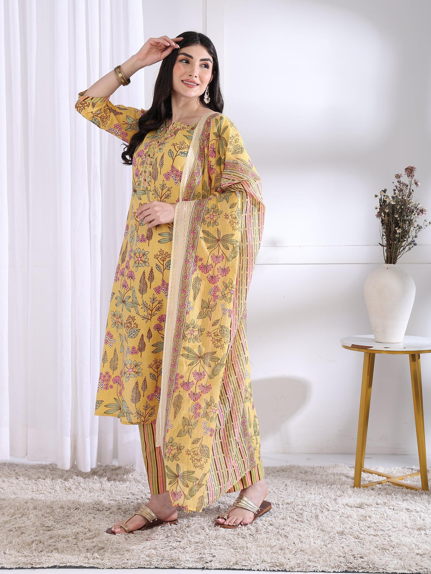 Yash Gallery Women’s Yellow Floral Printed Cambric Cotton Kurta Set with Striped Pants & Dupatta