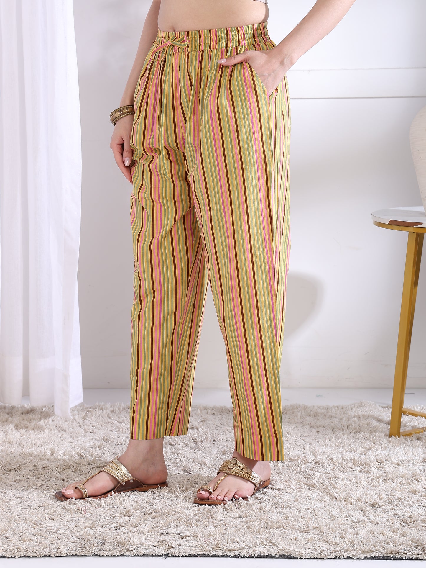 Yash Gallery Women’s Yellow Floral Printed Cambric Cotton Kurta Set with Striped Pants & Dupatta