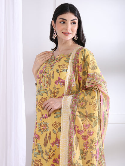 Yash Gallery Women’s Yellow Floral Printed Cambric Cotton Kurta Set with Striped Pants & Dupatta